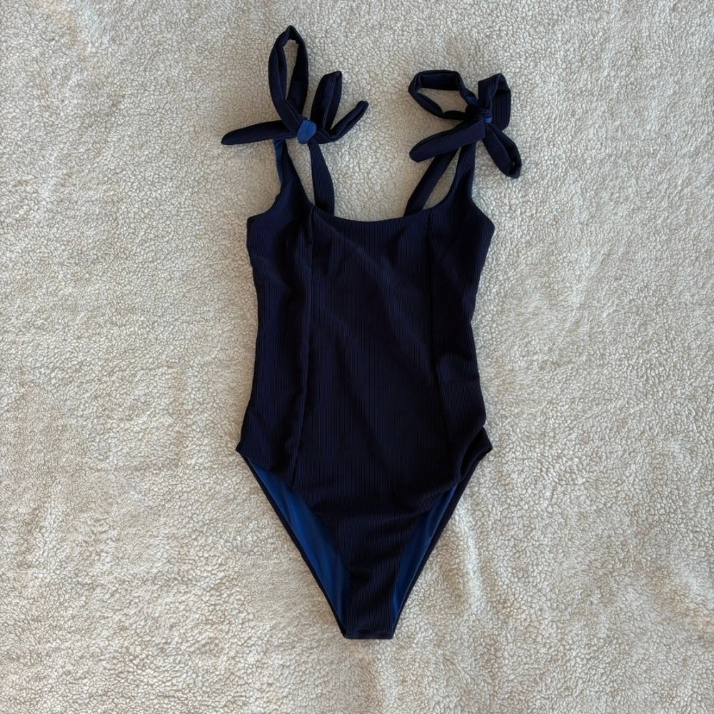 Beach Riot Navy Blue Ribbed Tie Shoulder One Piece Swimsuit Small Made in USA